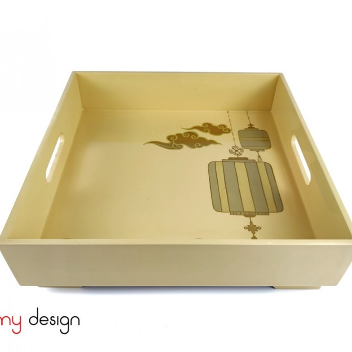 Yellow cream square lacquer tray hand-painted with lantern 32*H9 cm